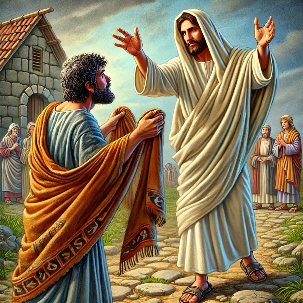 A cura do cego Bartimeu, Bartimeu jogando sua capa e se aproximando de Jesus